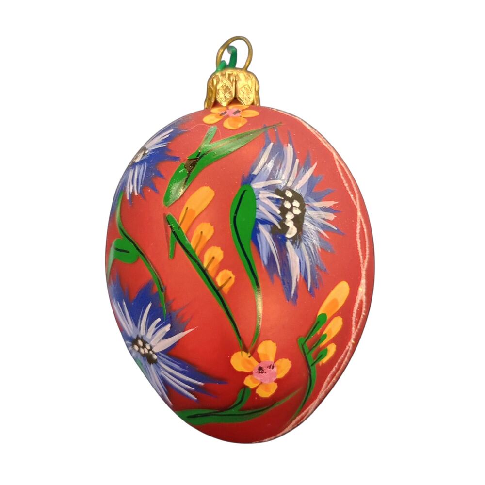 Vintage Impuls Mouth Blown Hand Painted Red Glass Egg Christmas Ornament Poland